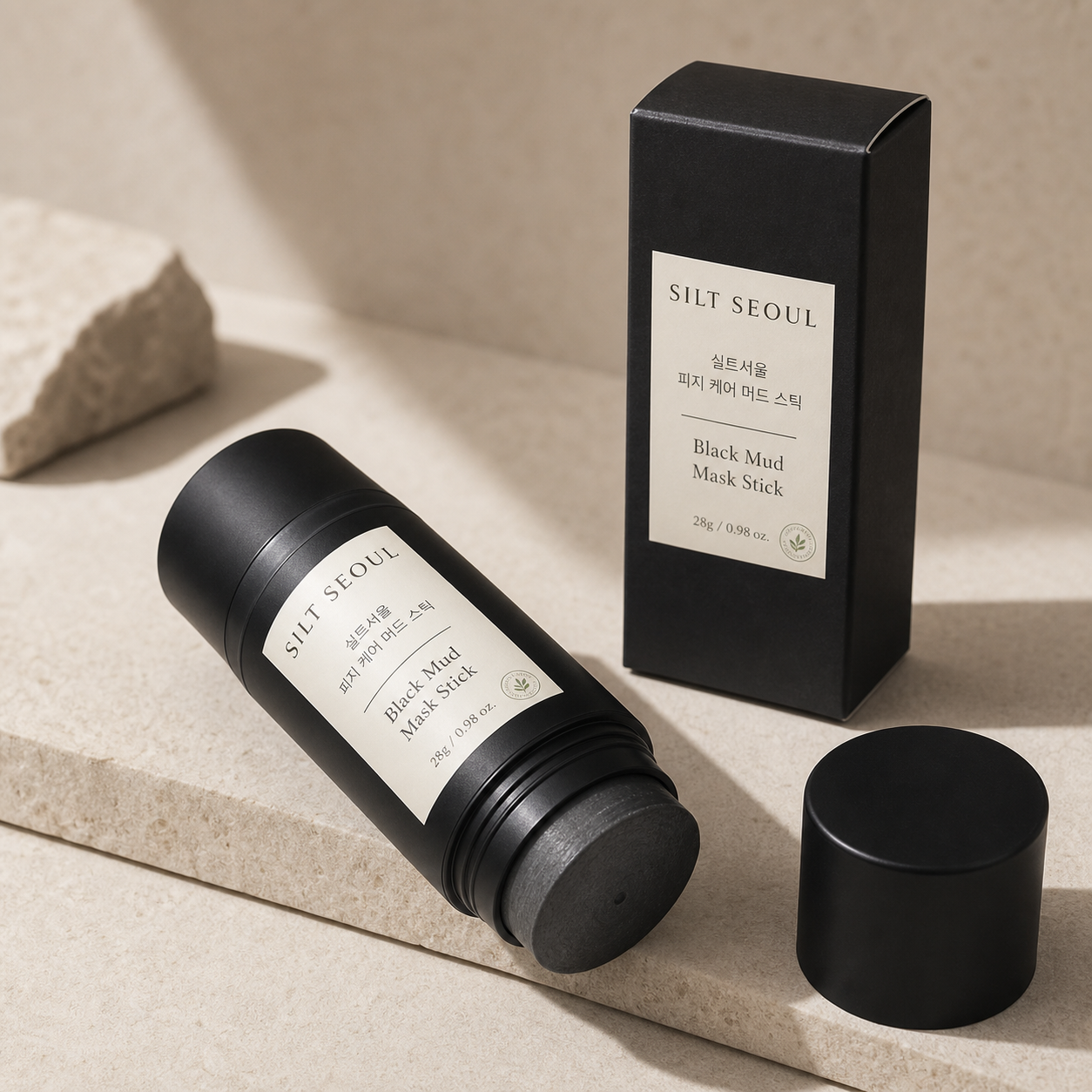 SILT SEOUL Black Mud Mask Stick opened to show the charcoal clay stick tip