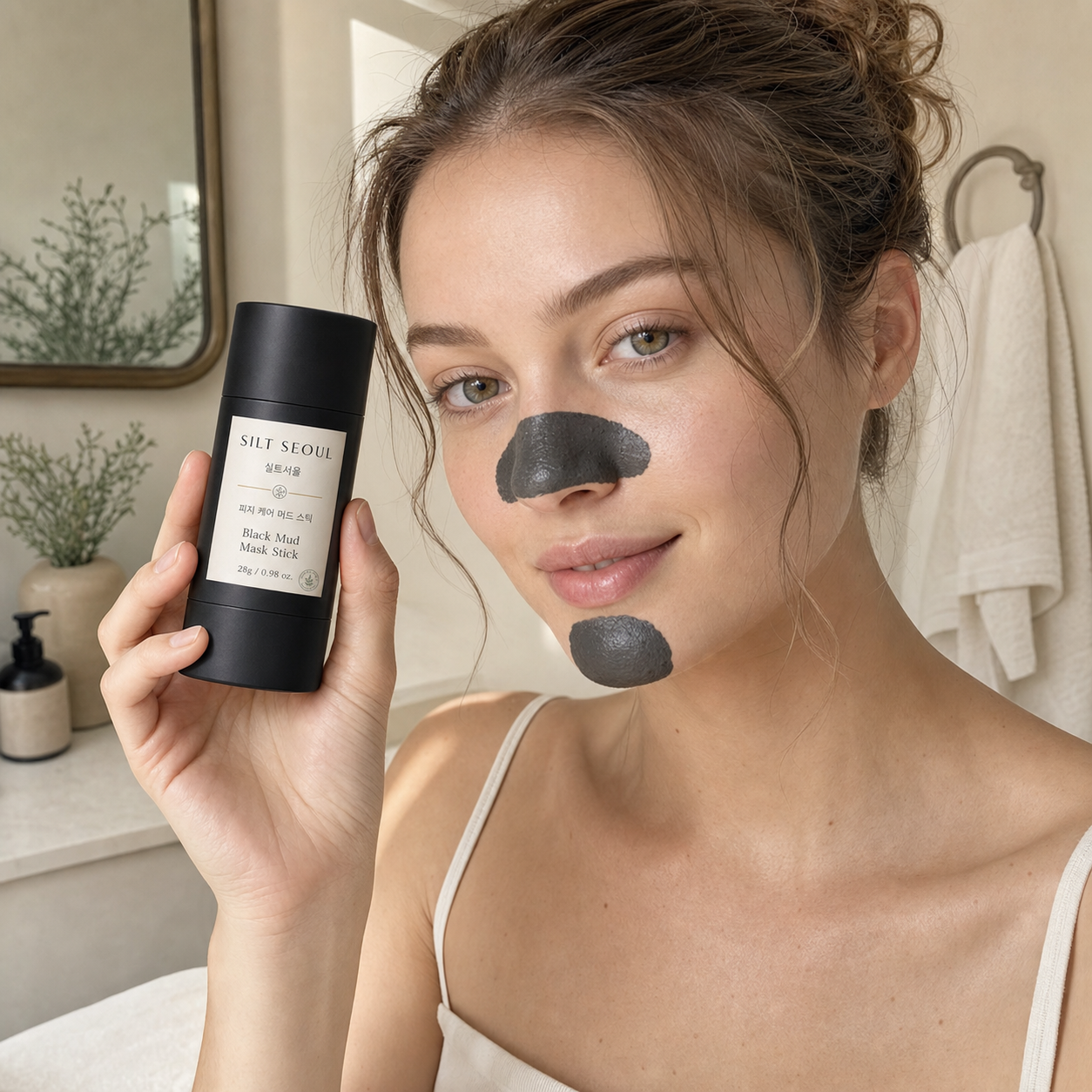 White model holding SILT SEOUL Black Mud Mask Stick after a rinse routine
